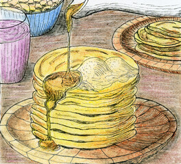 Pancakes with Syrup and Toppings Breakfast Sketch Illustration