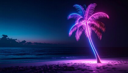 a Neon glowing palm tree on a beach at night with copy space for text