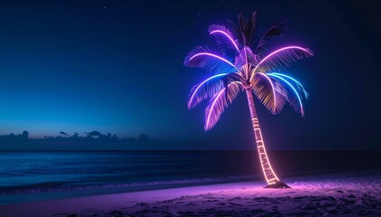 a Neon glowing palm tree on a beach at night with copy space for text