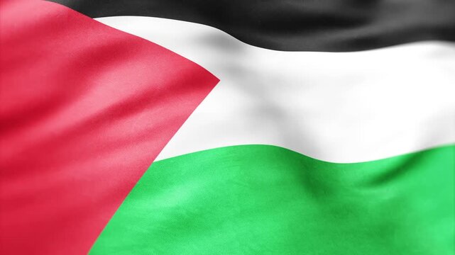 Palestinian flag waving with red triangle and black, white, green stripes, symbolizing freedom