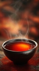 Steaming beverage fills a dark bowl on a textured surface against an orange-brown blurred background. Warmth and tranquility emanate from the scene