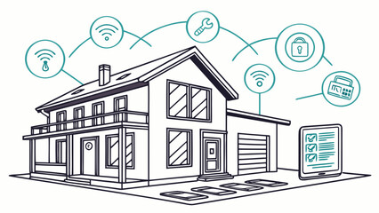 Vector art of a modern smart home with integrated technology, showcasing the interconnectedness of home systems and devices for automation, security, and convenience