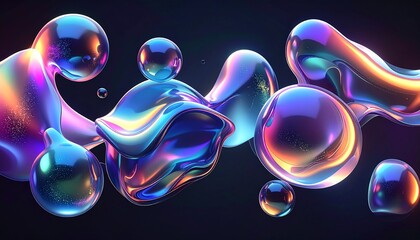 Abstract 3D blobs with gradient gel texture, glossy liquid surface, floating on dark