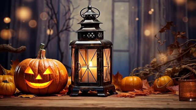 A carved pumpkin with a smiling face sits beside a vintage lantern. Autumn leaves and small pumpkins surround the scene, creating a cozy Halloween atmosphere.