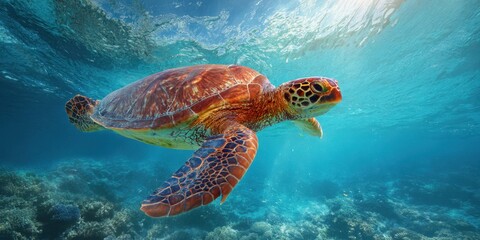 Obraz premium The serene underwater journey of a majestic sea turtle gliding gracefully through clear waters.
