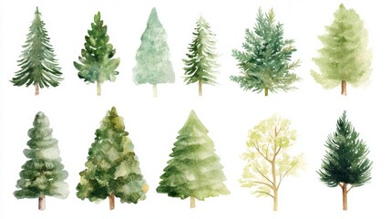 84.A festive array of watercolor Christmas trees featuring diverse shapes and sizes, from minimalist triangular forms to bushy, rounded evergreens. The soft green hues blend smoothly with fine