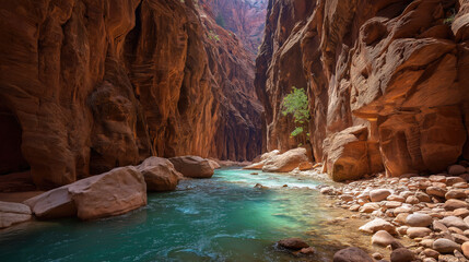 Hidden canyon with turquoise river flowing through red rocks.