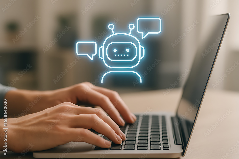 Poster artificial intelligence chatbot with speech bubbles on a laptop keyboard, representing digital commu