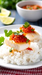 Cooked white fish with rice and red sauce