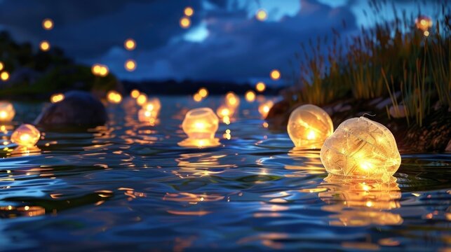 Floating Lanterns Illuminating Calm Water Surface During Twilight With Glowing Reflections in a Serene Natural Setting
