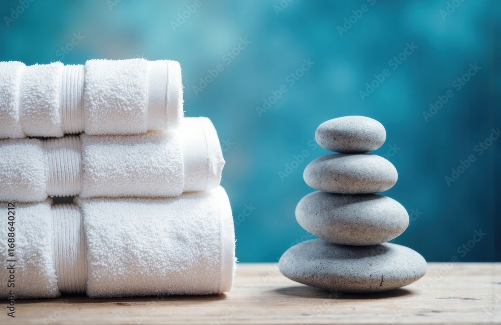 Poster stack of neatly folded white towels with smooth stones arranged in a balanced tower on a wooden surf
