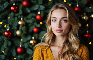 Woman with blonde hair and blue eyes standing in front of decorated Christmas tree