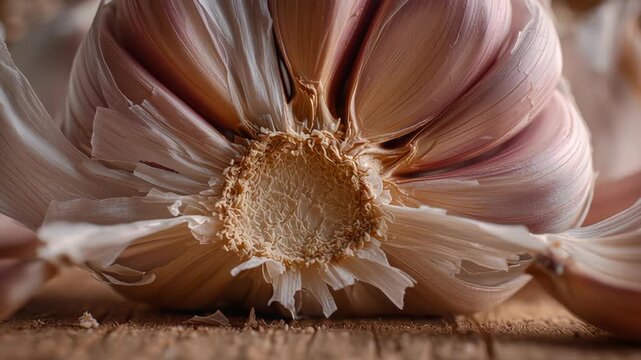 The garlic passes in front of the camera in slow motion on a wooden background. Macro, Phantom Camera, Super Close-up.