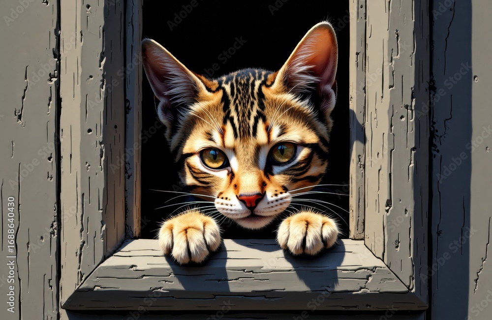 Poster a curious tabby cat peeks through a rustic wooden window opening with a playful expression