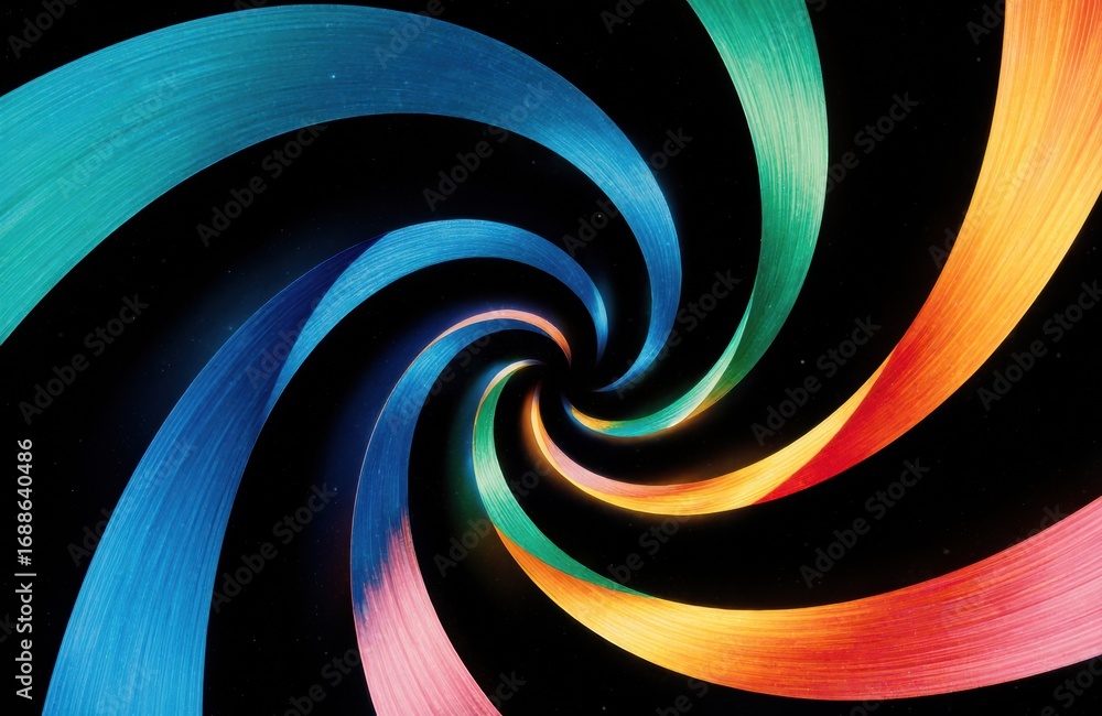 Poster colorful swirling lines creating a dynamic spiral pattern on a black background