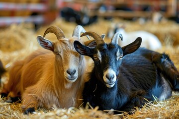 Detailed Picture of Brown and Black Goats Resting on the Floor at an Indoor Farm