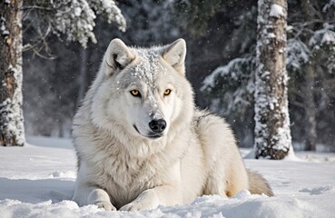 Obraz premium A white wolf resting in a snowy forest landscape with snow-covered trees and ground