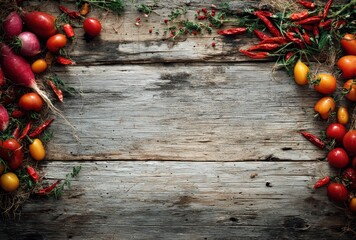 A rustic wooden surface is bordered by vibrant vegetables like tomatoes, radishes, and chili peppers, creating a colorful and organic backdrop