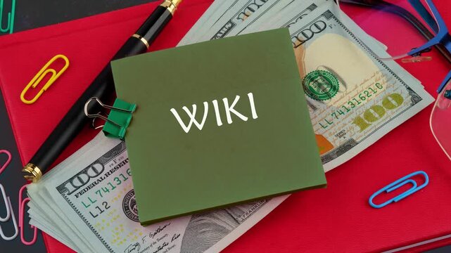 Animation of WIKI text. Detailed exploration of key business finance concepts using animations and text on a backdrop of notes and cash, highlighting various financial themes