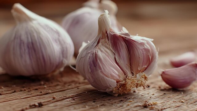 The garlic passes in front of the camera in slow motion on a wooden background. Macro, Phantom Camera, Super Close-up.