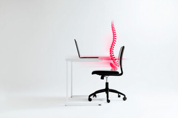 Minimalist illustration of a workspace with a laptop on a desk and a human spine sitting on a chair. Conceptual image representing back pain, poor posture, and spinal health issues.