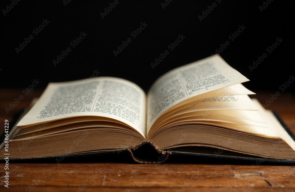Poster open book lying open on wooden surface with pages slightly curled and text visible