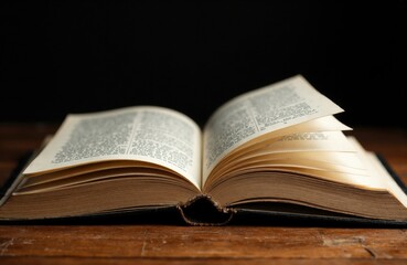 Open book lying open on wooden surface with pages slightly curled and text visible