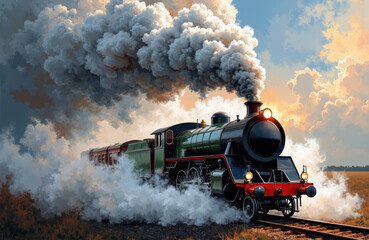 Steam locomotive chugging through open countryside with billowing smoke and bright sky