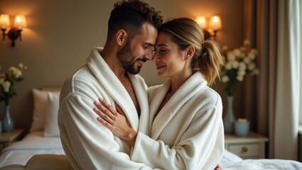 A happy, loving couple in bathrobes embraces and shares a tender moment in a luxurious hotel bedroom, celebrating romance and intimacy.