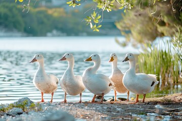 Detailed Visual of a Group of White Ducks Standing Near the Lake
