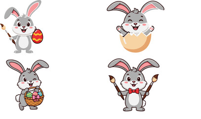 Cute Easter Bunny Cartoon Set with Painted Eggs, Basket, Paintbrushes, and Hatching Egg Vector Illustration for Holiday