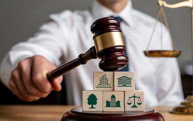 Gavel Striking Blocks Legal Decisions Impacting Urban Development and Environmental Protection