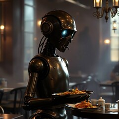 Robot waiter serving food in restaurant.