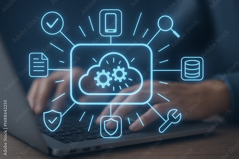 Poster cloud computing network concept with a glowing cloud icon on a laptop keyboard and connected data ic