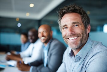 A smiling, mature man leads a diverse group in a business setting, fostering a sense of teamwork and collaboration in a modern office environment