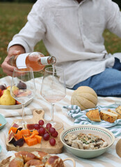 Summer Picnic with Wine and Fresh Snacks Outdoors