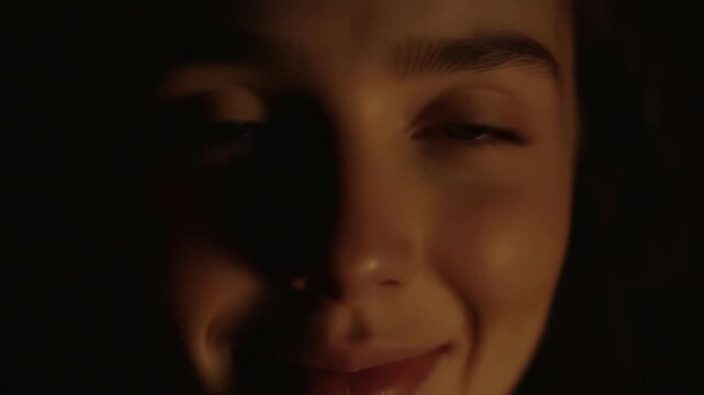 Woman Smiling Peacefully with Eyes Closed in Soft Warm Lighting