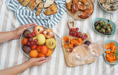 Outdoor Picnic Wine and Fresh Fruits