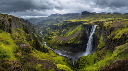 Icelandic waterfall surrounded by mossy cliffs, dramatic wide-angle perspective.