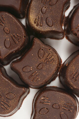 A close-up vertical shot shows a group of homemade cat-shaped chocolate pralines with golden details