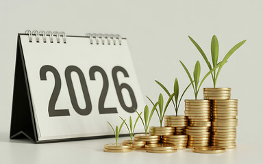 Conceptual look at financial growth and investment returns for the year 2026 featuring a calendar and rising stacks of coins with sprouts
