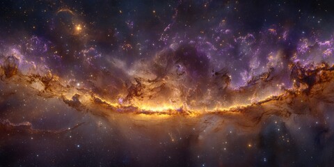 Obraz premium An awe-inspiring panorama of the universe showing a massive nebula glowing with swirling orange, purple, and cyan light, countless stars shining like diamonds scattered in infinite blackness.