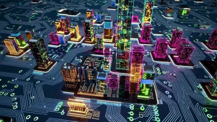 Futuristic cityscape video concept with neon-lit skyscrapers on a circuit board. Aerial angle highlights tech-inspired urban design. - Powered by Adobe