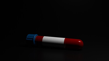 Red test tube with blue cap and white label on black background on the topic of medicine and tests and vaccination