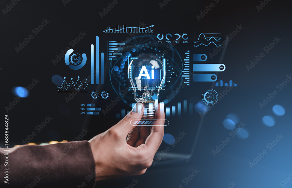 Aufkleber person holding light bulb with ai hologram interface and futuristic data visualizations representing
