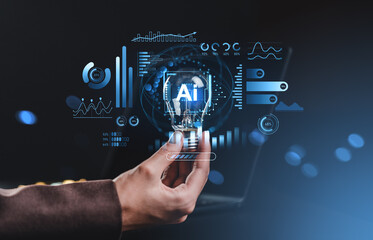 Person holding light bulb with AI hologram interface and futuristic data visualizations representing artificial intelligence concept and innovation.