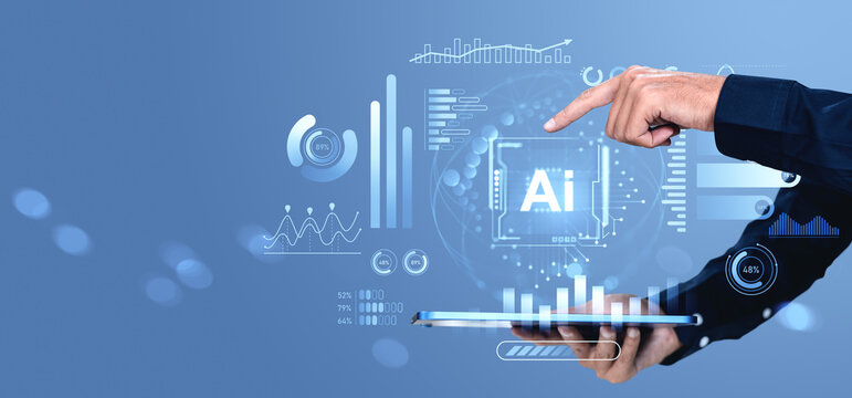 Businessman interacting with AI hologram interface and analytics charts on digital tablet, futuristic technology concept on blue background..