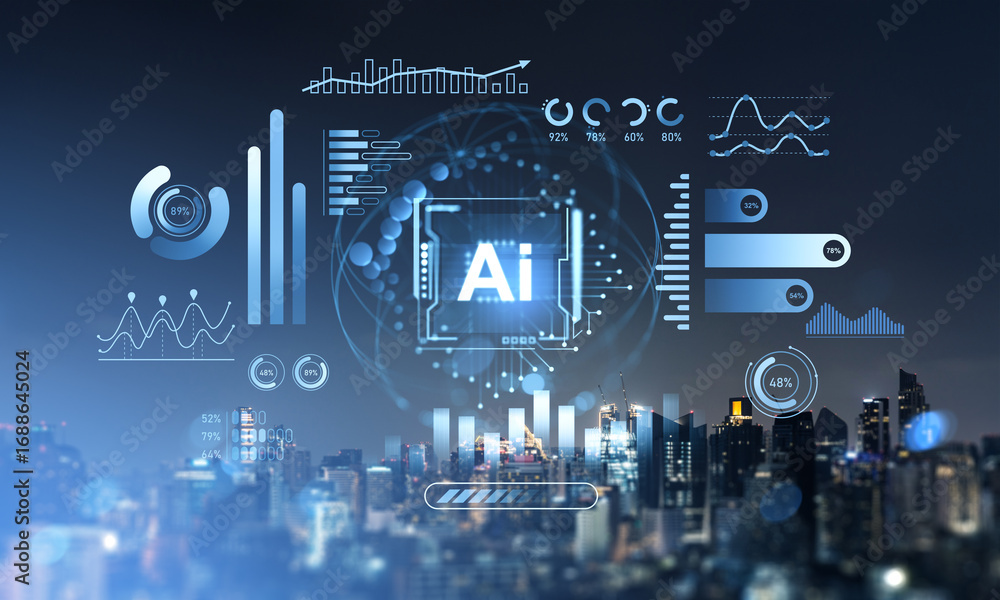 Poster futuristic ai interface and data analytics concept with glowing charts and graphs over modern city s