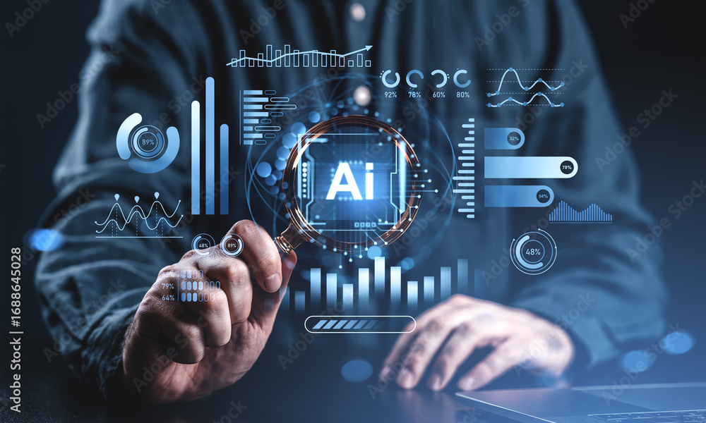 Poster futuristic ai data analysis concept with digital hologram interface charts and businessman using mag