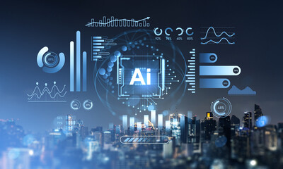 Futuristic AI interface and data analytics concept with glowing charts and graphs over modern city skyline at night with digital blue tones.